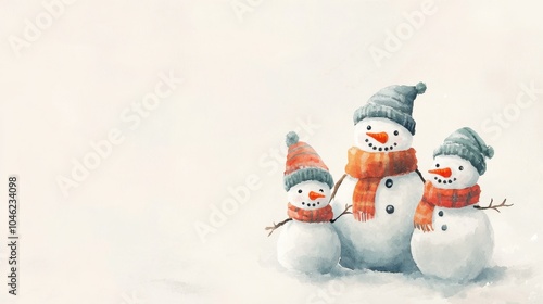 Watercolor snowman family with scarves and hats in pastel hues