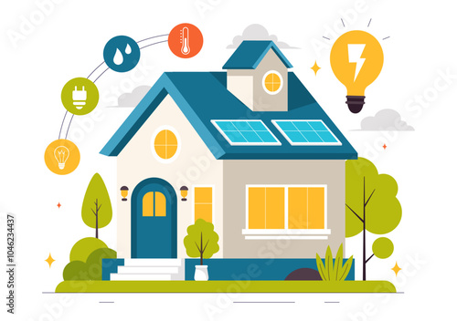 Energy Efficient at Home Vector Illustration of Smart House Technology System with Centralized Control in a Flat Style Cartoon Background