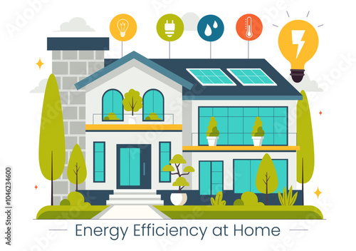 Energy Efficient at Home Vector Illustration of Smart House Technology System with Centralized Control in a Flat Style Cartoon Background
