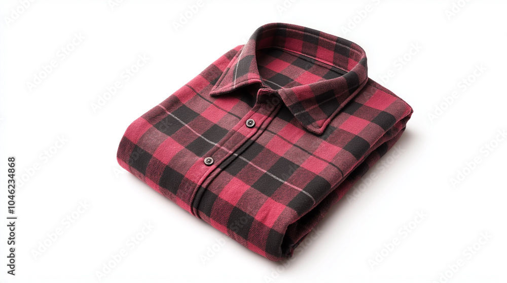 red and black plaid shirt is neatly folded with collar and buttons prominently displayed,highlighting its colors and patterns against a white background,copy space