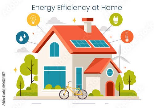 Energy Efficient at Home Vector Illustration of Smart House Technology System with Centralized Control in a Flat Style Cartoon Background