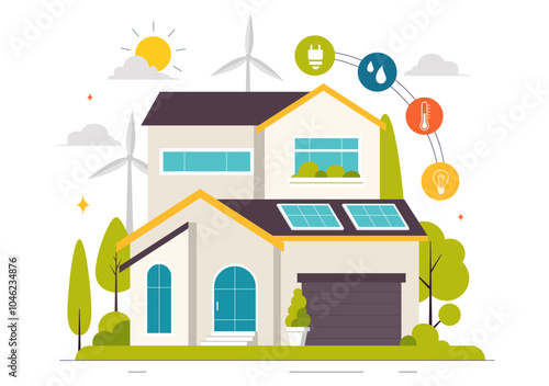 Energy Efficient at Home Vector Illustration of Smart House Technology System with Centralized Control in a Flat Style Cartoon Background