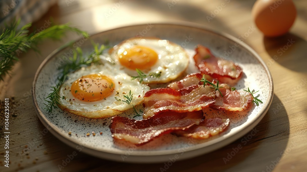 A plate of eggs and bacon, served with a side of fried eggs.