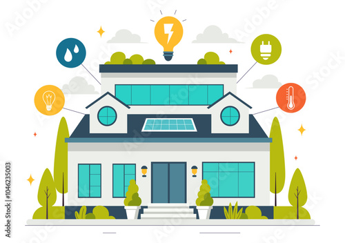 Energy Efficient at Home Vector Illustration of Smart House Technology System with Centralized Control in a Flat Style Cartoon Background
