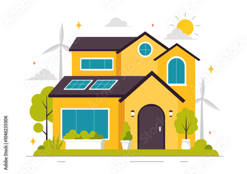 Energy Efficient at Home Vector Illustration of Smart House Technology System with Centralized Control in a Flat Style Cartoon Background