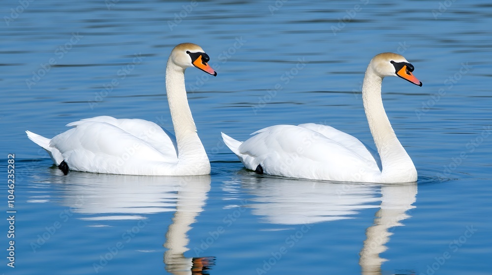 Two white swans with orange beaks swimming side by side in a blue lake. Two white swans with orange beaks swimming side by side in a blue lake.