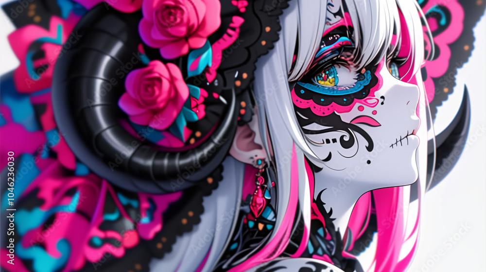 Obraz premium A Happy Young Caucasian Catrina with Pure White Skin and Black Ram Horns, Sporting Long Straight Bright Pink Hair and Dia de Muertos Makeup, Leaning Forward Against a Simple Backlit Background at Nigh