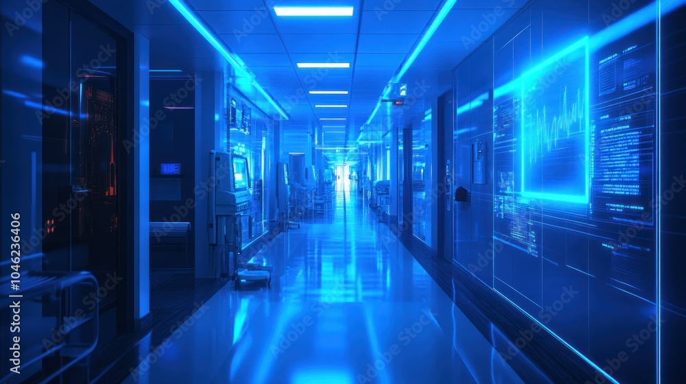 Fototapeta premium A futuristic server room corridor with blue neon lights and transparent data screens, reflecting advanced technology and cyber-infrastructure in a sleek, modern design.