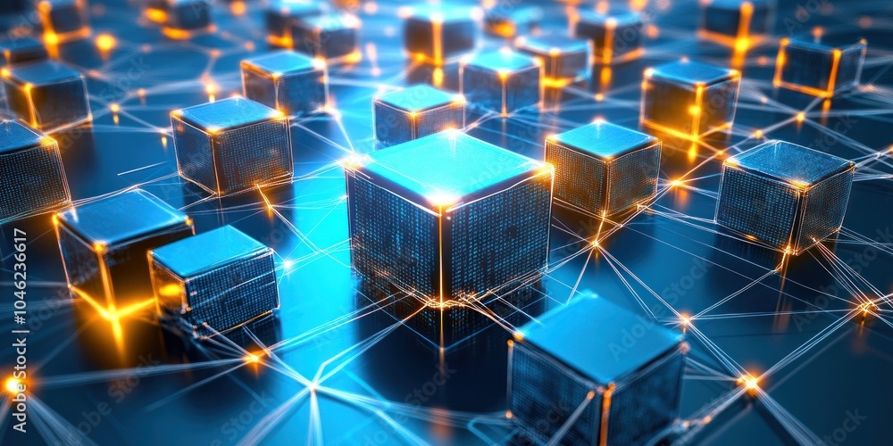 Obraz premium A digital representation of interconnected 3D cubes symbolizing a network or data structure.