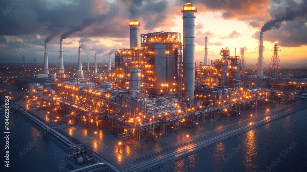 Fototapeta premium Industrial complex illuminated at sunset, showcasing energy production.