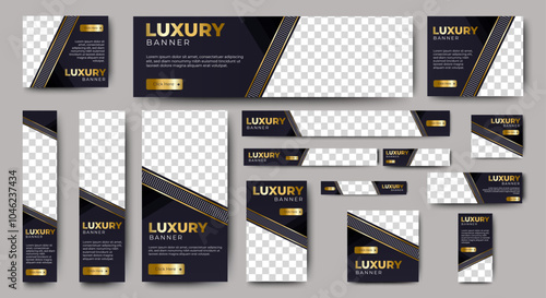 Template of black and gold banners of standard size for the web. Design with triangular elements for a photo. Vector illustration. Set