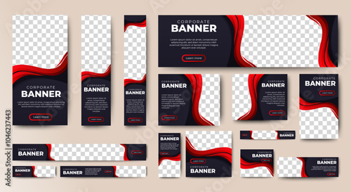 set of vector black and red web banners of standard sizes with a place for photos. Vertical and horizontal templates