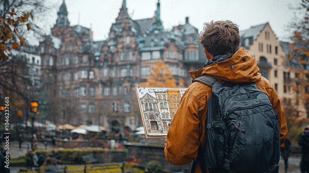 Tourist Exploring Old Town with City Map and Backpack Tourist Exploring Old Town with City Map and Backpack