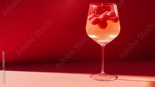 Refreshing Raspberry Cocktail in a Wine Glass on a Red Background