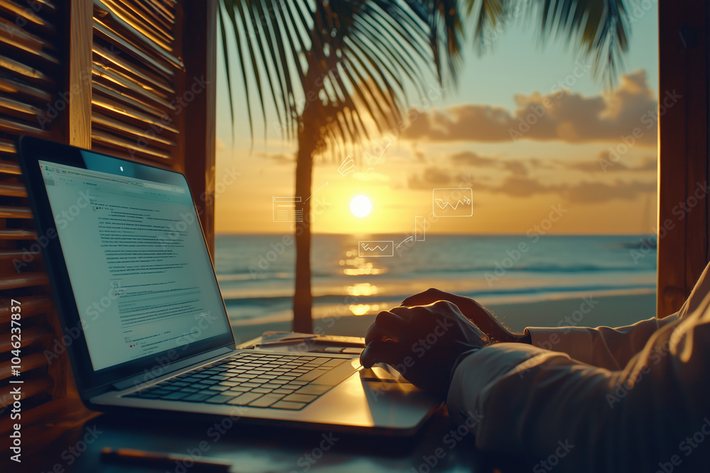 Fototapeta premium Joyful remote working in tropical paradise at sunset with ethnic minority individual