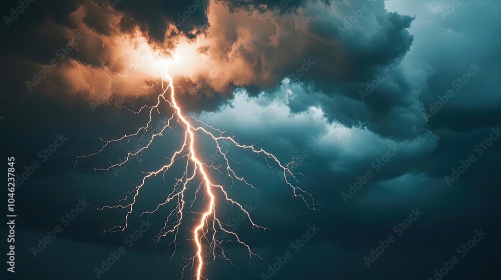 Dramatic lightning bolt striking dark storm clouds in a turbulent sky. Dramatic lightning bolt striking dark storm clouds in a turbulent sky.