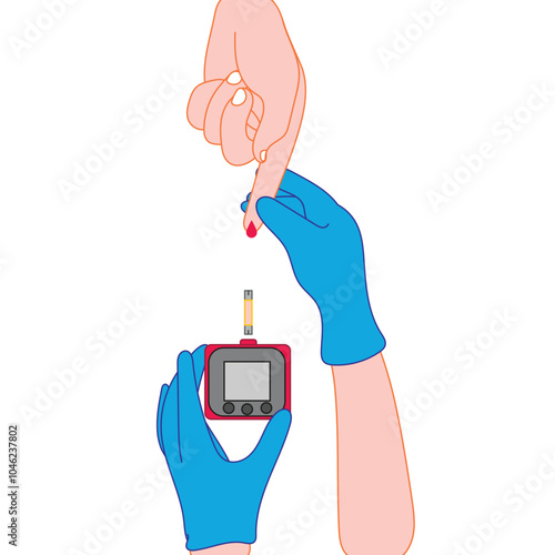 Illustration of a doctor's hand with blue gloves checking a patient's blood sugar with a glucometer.