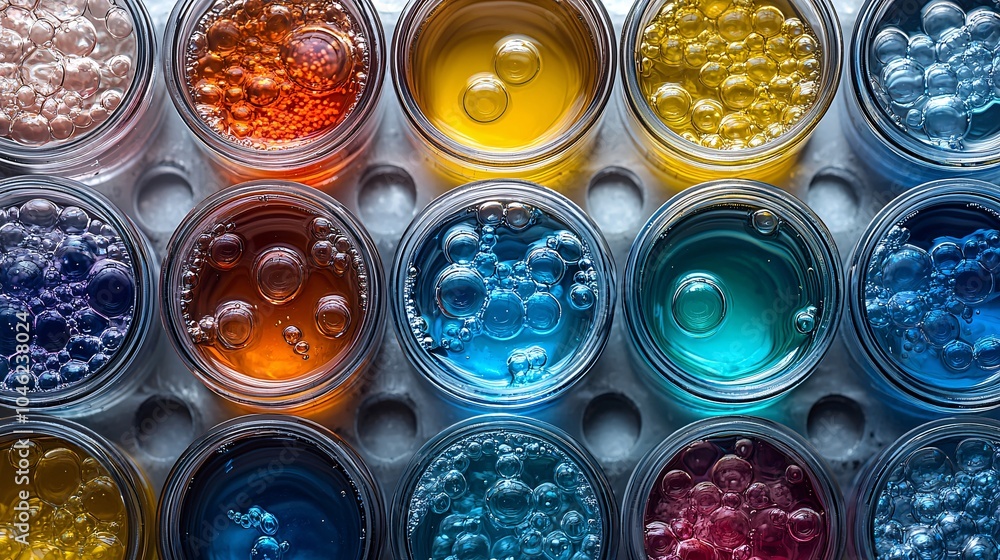 Colorful Liquids with Bubbles in Glass Containers Colorful Liquids with Bubbles in Glass Containers