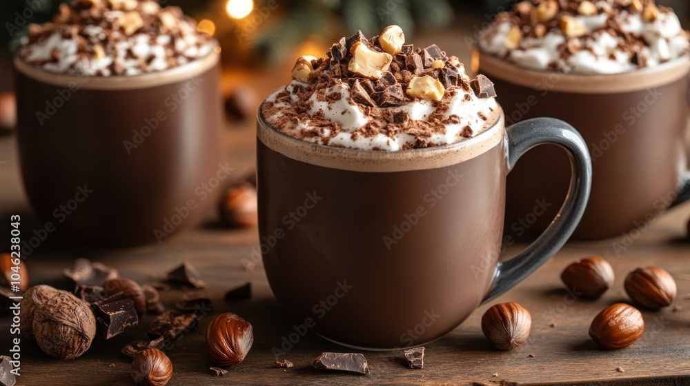Three mugs of hot chocolate topped with whipped cream and nuts. Three mugs of hot chocolate topped with whipped cream and nuts.