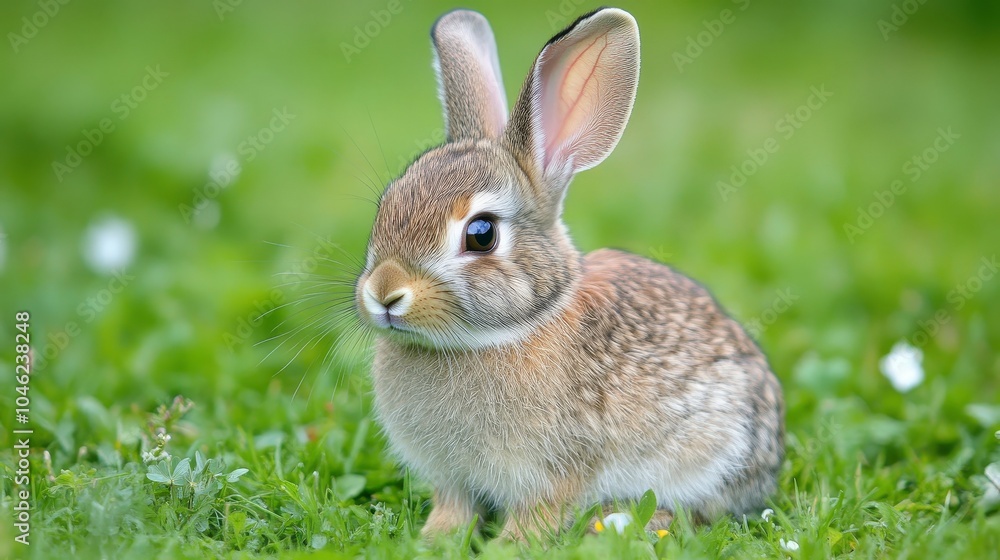 Fototapeta premium A cute rabbit sitting on lush green grass, showcasing its soft fur and alert expression.