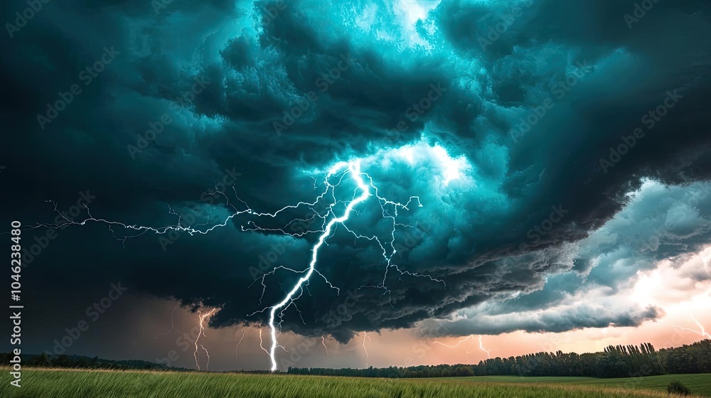 Dramatic lightning striking amidst dark storm clouds over a grassy field. Dramatic lightning striking amidst dark storm clouds over a grassy field.