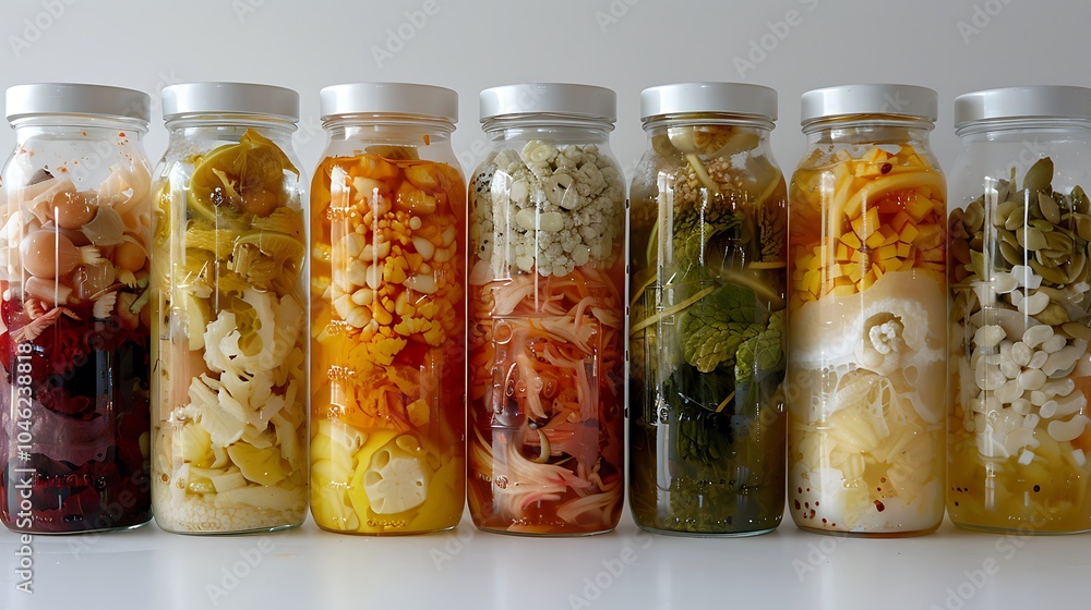 A bright array from various food ferments in jars made from clear plastic A bright array from various food ferments in jars made from clear plastic