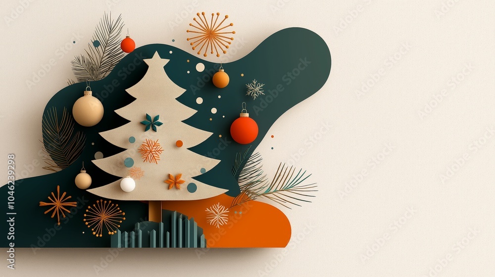 Naklejka premium Stylish Christmas tree decoration with ornaments and festive backdrop.