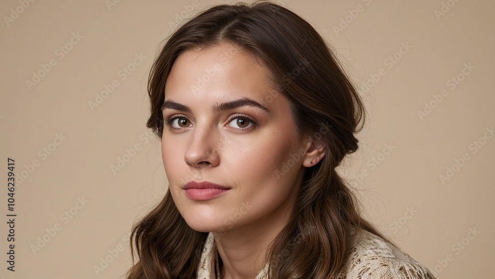 Fototapeta premium Frau Braune Haare, Creme Hintergrund, Haare Schulterlang, Brauner Taint