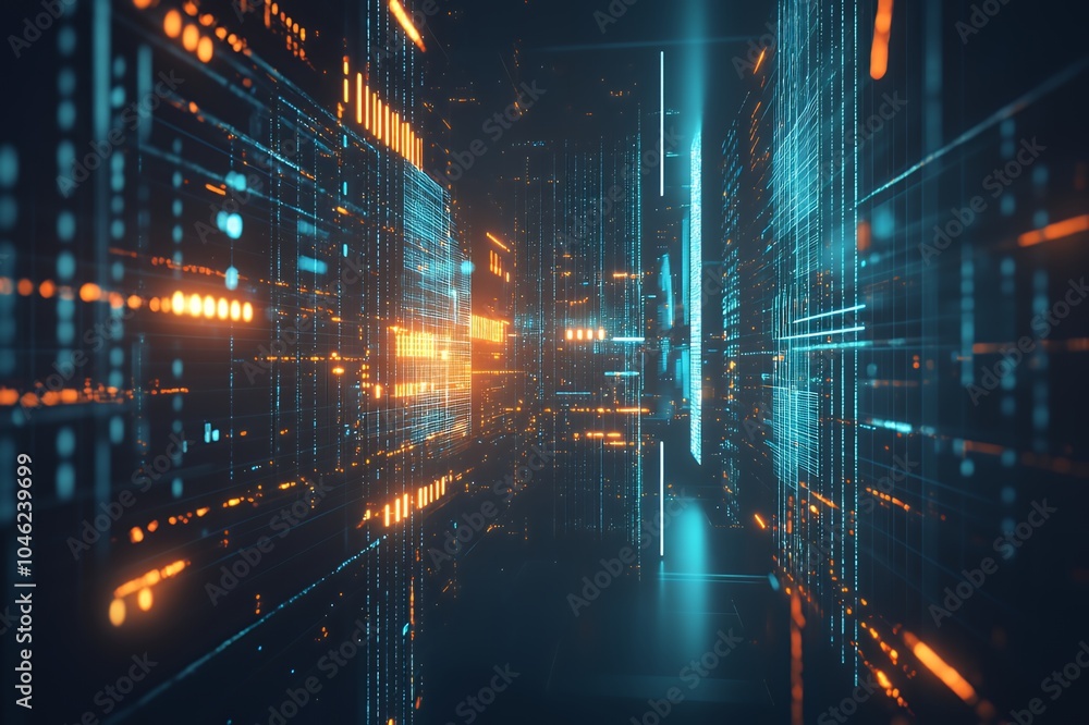 Obraz premium Abstract digital tunnel with blue and orange glowing lines, representing data flow and technological advancement.