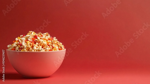 Bowl of Popcorn with Candy on Red Background