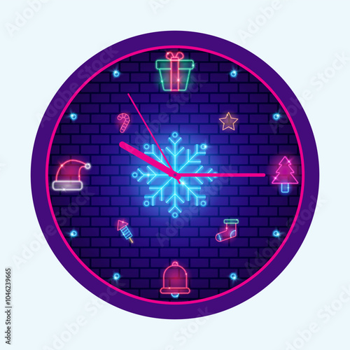 Colorful Neon Christmas Clock. A festive Christmas wall clock with neon lights and iconic holiday symbols. Perfect for adding a touch of holiday cheer to any home