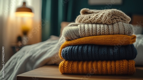 A cozy stack of knitted sweaters on a bedside table, suggesting warmth and comfort.