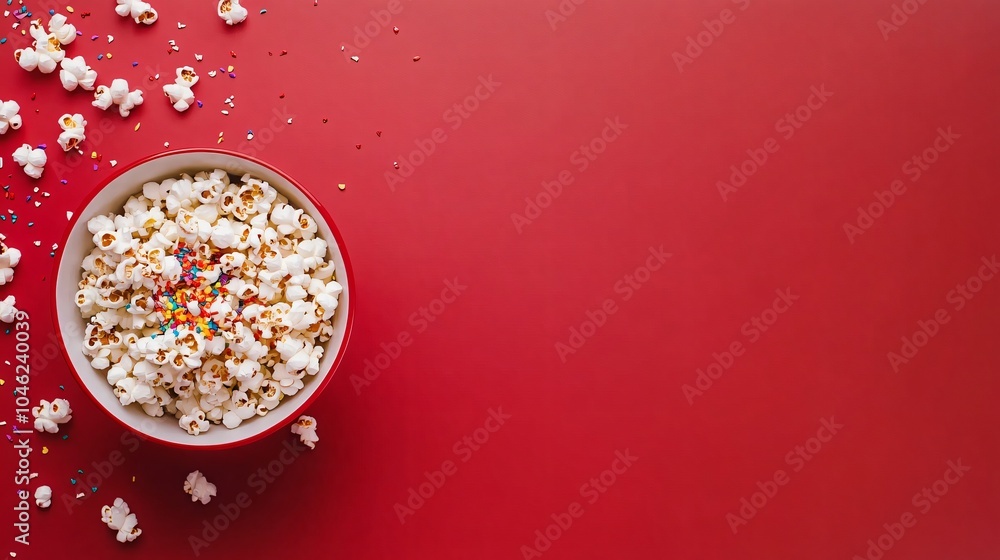 Popcorn Bowl with Sprinkles on a Red Background Popcorn Bowl with Sprinkles on a Red Background