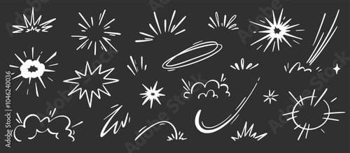 Comic cartoon boom speed effect, explosive motion line element set. Comic boom burst, explosive smoke, line speed cartoon chalkboard. Hand drawn sketch doodle action effect. Vector illustration.