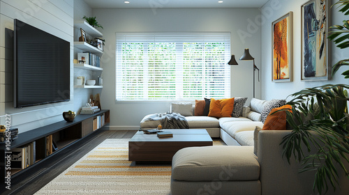 a cozy family room with a large sectional sleek