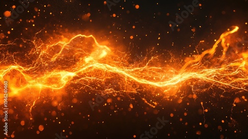 Abstract orange lightning sparks over black background, energy concept