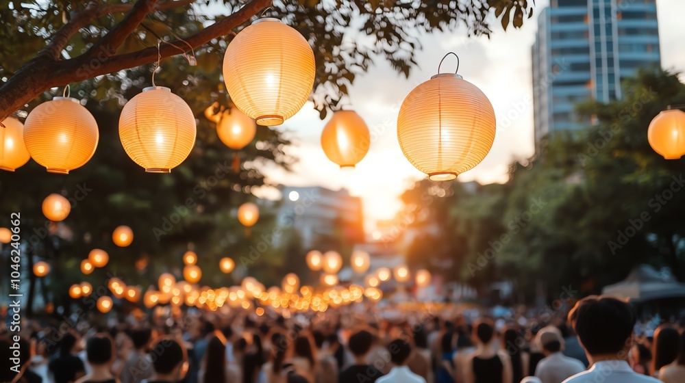 Festival lights illuminate a bustling crowd. Festival lights illuminate a bustling crowd.