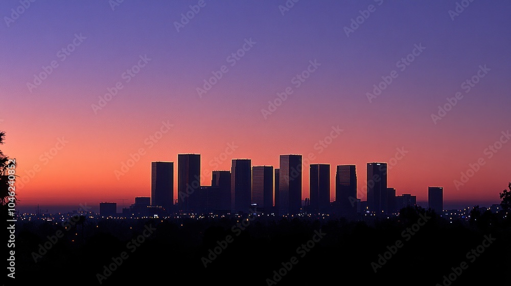 A skyline silhouette at sunset, showcasing urban architecture against a colorful sky. A skyline silhouette at sunset, showcasing urban architecture against a colorful sky.