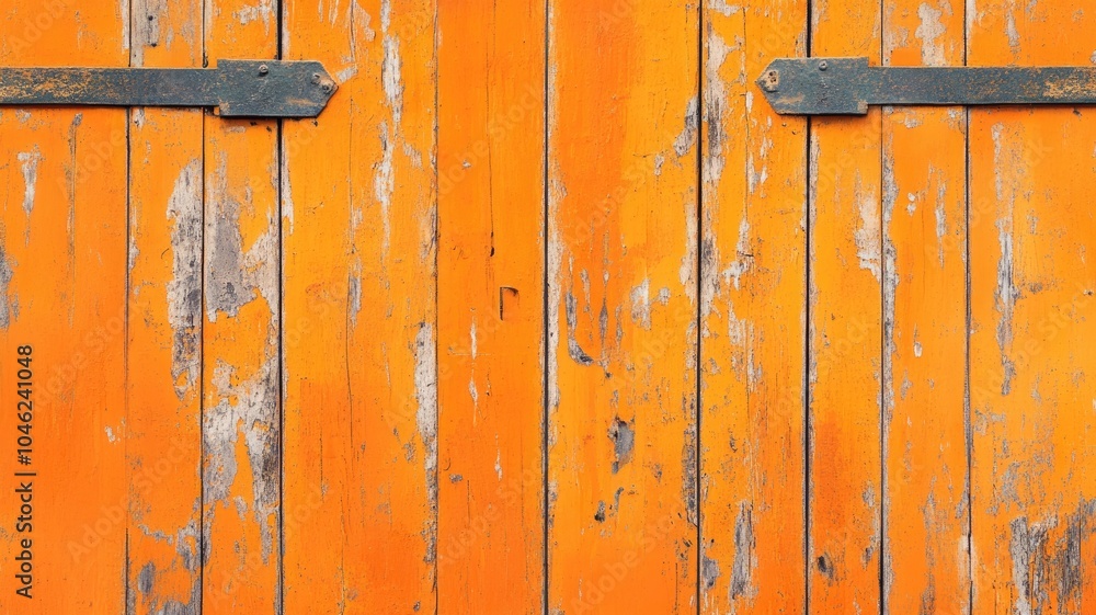 Weathered orange wooden door with metal hinges Weathered orange wooden door with metal hinges