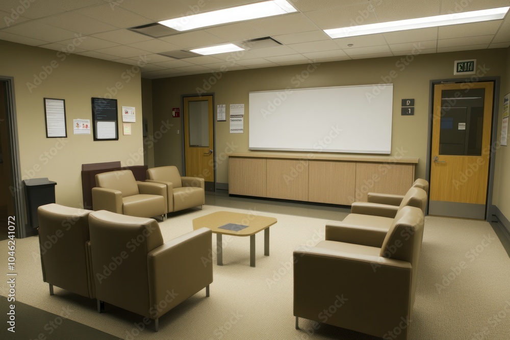 A waiting area with beige furniture and a blank whiteboard in a neutral-toned room. A waiting area with beige furniture and a blank whiteboard in a neutral-toned room.