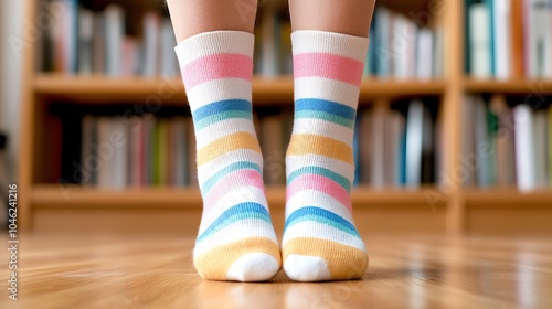 Woman's feet in colorful striped socks. photo