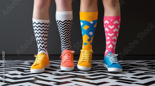 Four legs in colorful socks and shoes. photo