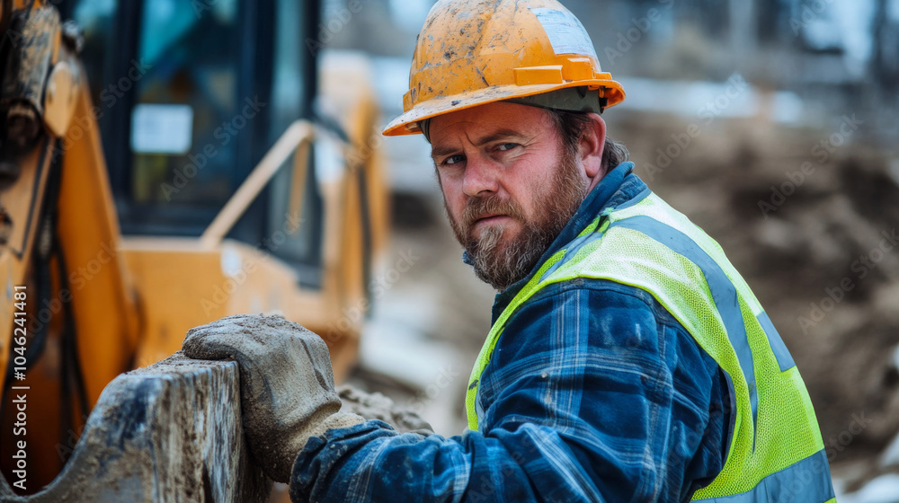 A construction worker in a hard hat and safety vest, operating heavy machinery at a construction site, determined expression A construction worker in a hard hat and safety vest, operating heavy machinery at a construction site, determined expression