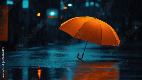 Wallpaper Mural Bright orange umbrella stands on wet street during nighttime rainstorm Torontodigital.ca