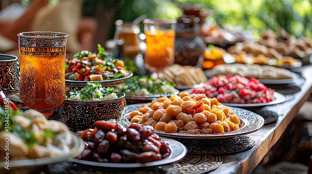 Obraz premium Delicious Middle Eastern Food Buffet with Dates Dried Fruit and Iced Tea