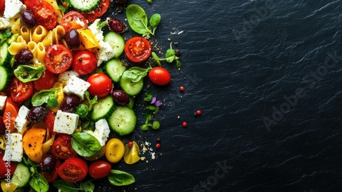 Colorful Mediterranean salad with fresh vegetables, feta cheese, and olives on black slate background