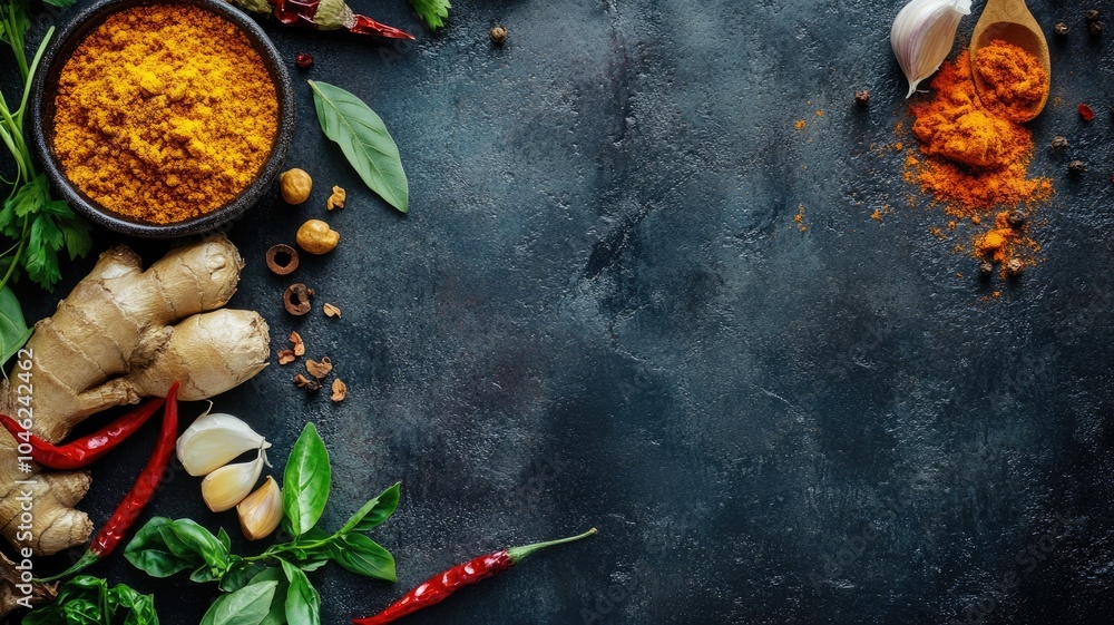 Spices, herbs, ginger, and garlic on dark textured surface Spices, herbs, ginger, and garlic on dark textured surface