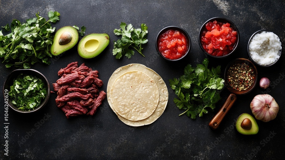 Ingredients for Mexican dish, including tortillas, meats, salsa, avocados, and spices Ingredients for Mexican dish, including tortillas, meats, salsa, avocados, and spices