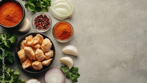 Raw chicken, spices, onions, coriander, and cilantro laid out on kitchen counter