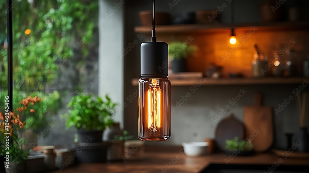 A single filament light bulb hangs from the ceiling in a modern kitchen. A single filament light bulb hangs from the ceiling in a modern kitchen.